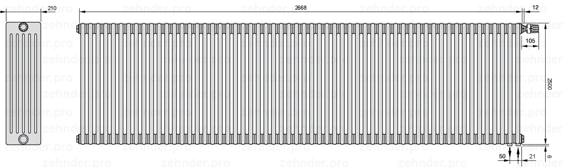Схема (чертеж) Радиатор Zehnder Charleston 6250/58 №V002 Белый глянцевый RAL 9016